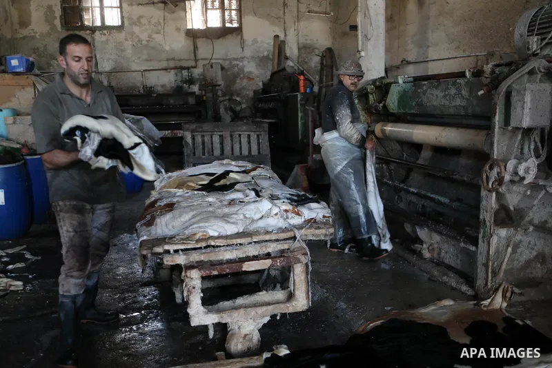 Palestinian workers paint leather and putting pieces out to dry as part of the finish process of leather tanning in a small factory to sell it to manufacture of shoes, in the West Bank city of Hebron on October 27, 2021....
