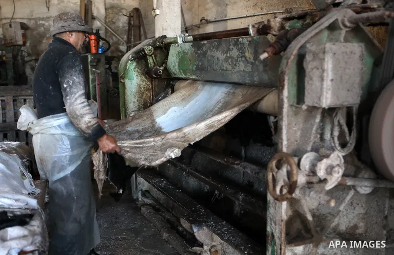Palestinian workers paint leather and putting pieces out to dry as part of the finish process of leather tanning in a small factory to sell it to manufacture of shoes, in the West Bank city of Hebron on October 27, 2021....