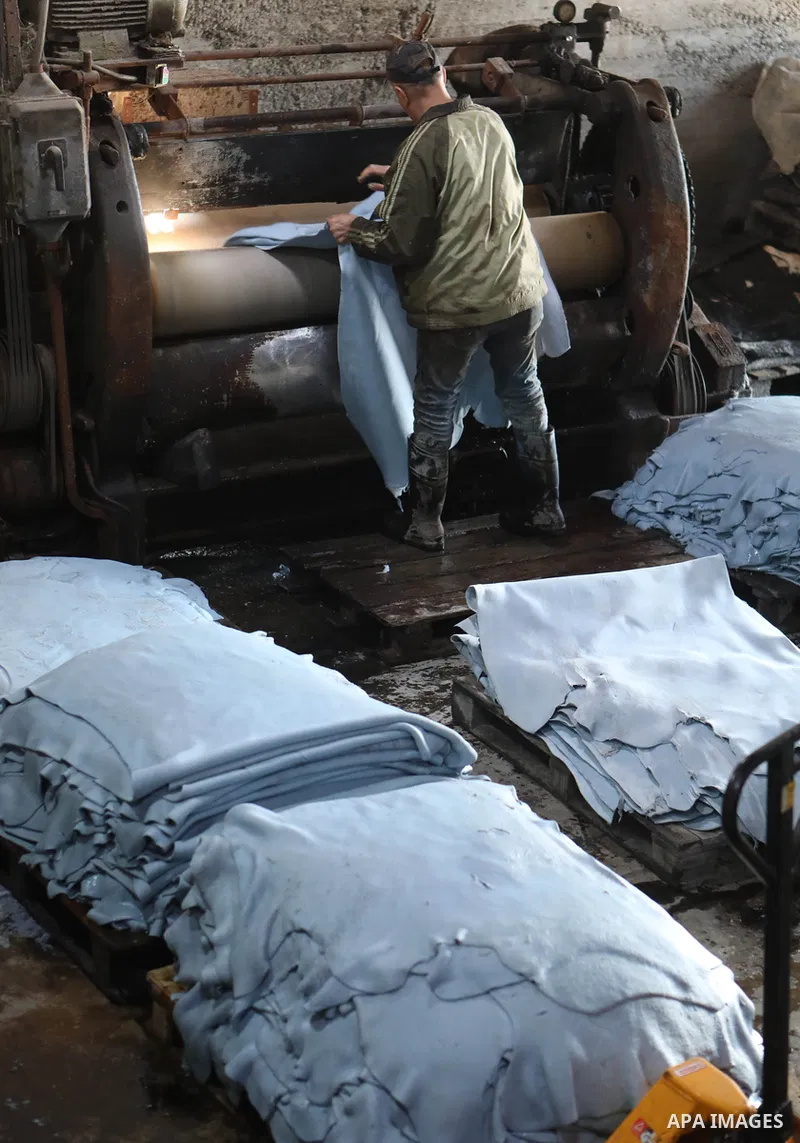 Palestinian workers paint leather and putting pieces out to dry as part of the finish process of leather tanning in a small factory to sell it to manufacture of shoes, in the West Bank city of Hebron on October 27, 2021....