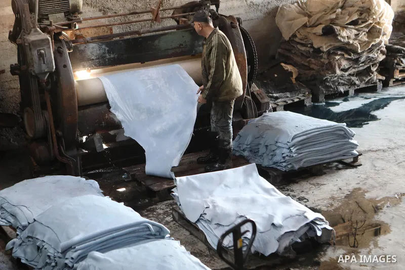 Palestinian workers paint leather and putting pieces out to dry as part of the finish process of leather tanning in a small factory to sell it to manufacture of shoes, in the West Bank city of Hebron on October 27, 2021....