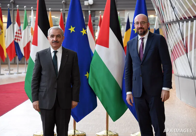 Palestinian Prime Minister Mohammed Ishtayeh meets with European Council President Charles Michel, in Brussels on October 27, 2021. Photo by Prime Minister Office