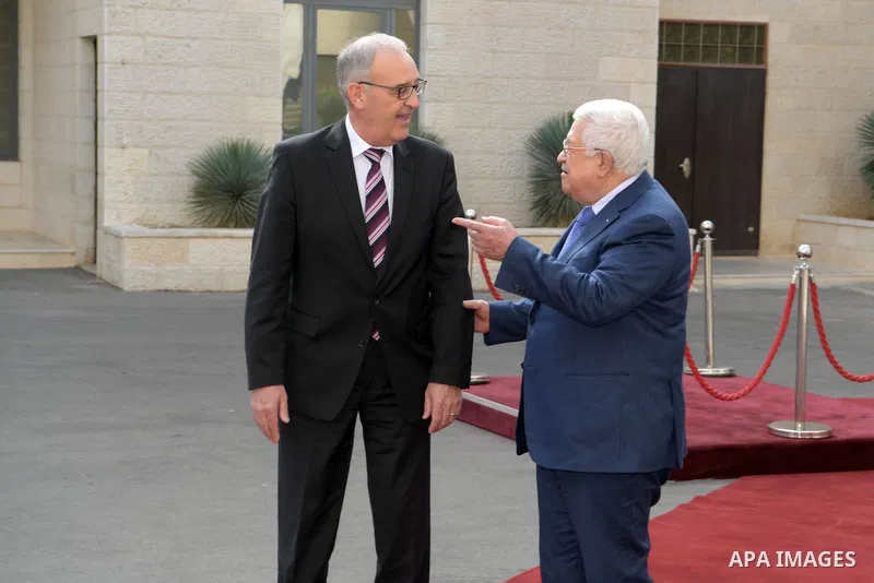 Palestinian president Mahmoud Abbas meets with Swiss Confederation President Guy Parmelin, in the West Bank city of Ramallah on October 28, 2021. Photo by Thaer Ganaim