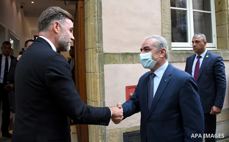Palestinian Prime Minister Mohammed Ishtayeh meets with Minister of Development Cooperation, Humanitarian Affairs and Economy of Luxembourg Franz Vayot, in Luxembourg, on October 28, 2021. Photo by Prime Minister Office