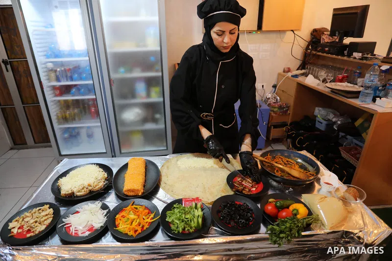 Two female Palestinian graduates, Heba Al-Hallaq, 32, and Heba Al Qudra, 22, open their own restaurant, to face unemployment in Khan Younis in the southern Gaza strip, on September 8, 2021. Gaza’s 2-million population re...