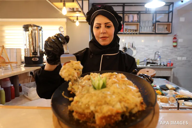 Two female Palestinian graduates, Heba Al-Hallaq, 32, and Heba Al Qudra, 22, open their own restaurant, to face unemployment in Khan Younis in the southern Gaza strip, on September 8, 2021. Gaza’s 2-million population re...