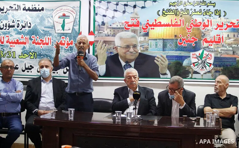 Members of the revolutionary council of the Fatah movement attend a meeting in the West Bank city of Jenin on September 13, 2021.The four Palestinian prisoners who were rearrested after breaking out of an Israeli prison...