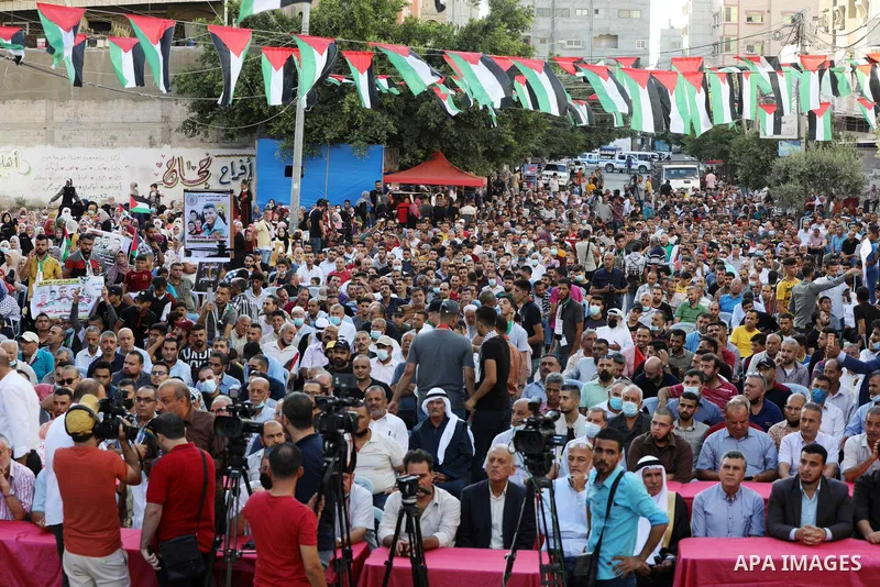 Palestinians take part in a protest against the United States and UNRWA signing a Framework for Cooperation, in Gaza city on September 14, 2021. The Framework for Cooperation states, “The US will not make any contributio...