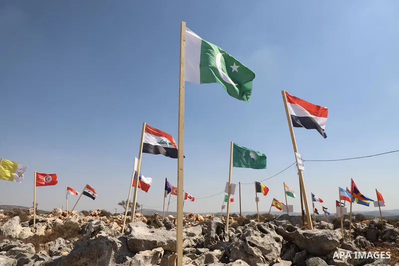 Palestinian activists raise the flags of nations, that oppose illegal settlements at the newly erected camp dubbed the United Nations camp, near the Israeli settlement of Ariel, west of West Bank town of Salfit on Septem...
