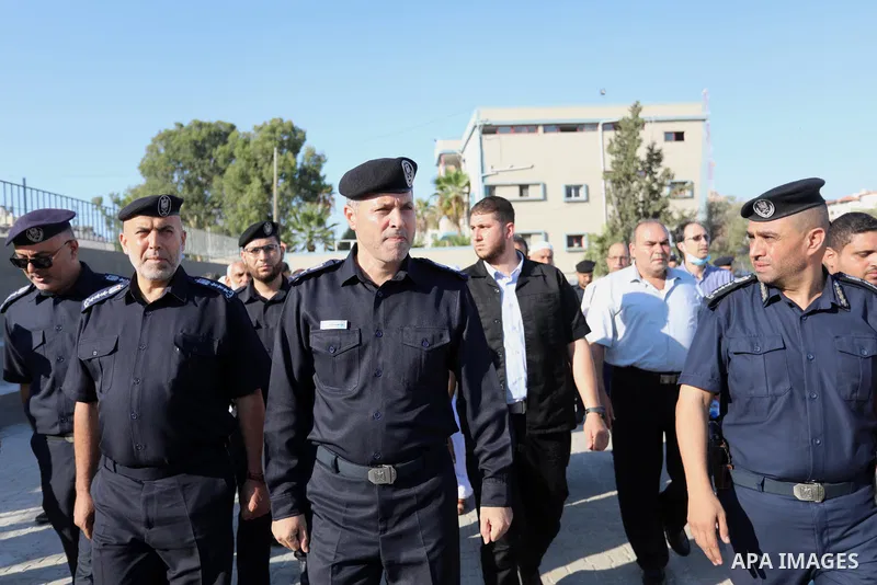 Chief of the Police, Major General Mahmoud Salah meets with Gaza's dignitaries to inform them of the police work in the Gaza Strip recently, in Gaza city on July 29, 2021. Photo by Ashraf Amra