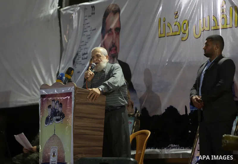 Nafez Azzam, leader of the Islamic Jihad movement in Palestine, speaking during a festival to commemorate the first anniversary of the departure of Secretary General Ramadan Shallah in Rafah in the southern Gaza Strip, o...