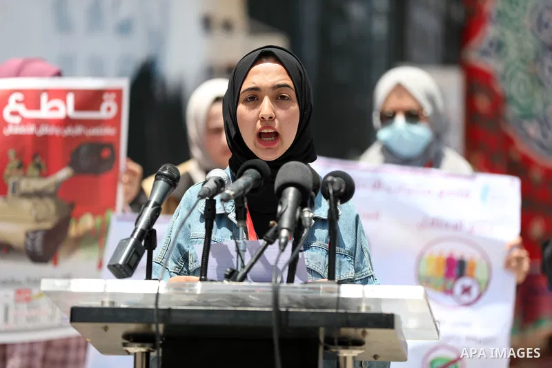 Palestinian members of boycott movement BDS hold a press conference during National Economy Week in Gaza city on June 10, 2021. Photo by Stringer