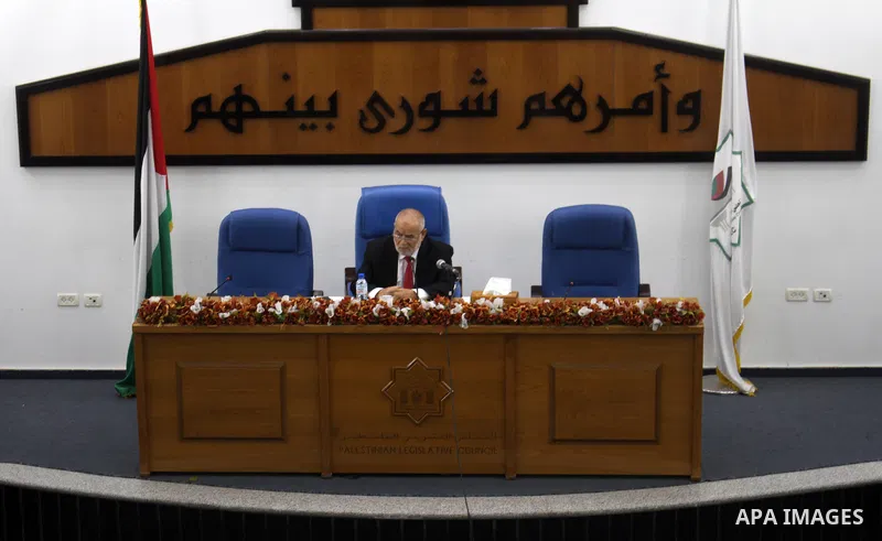 Deputy of the Legislative Council, Ahmed Bahar speaks during a meeting at the legislative council, in Gaza city on June 9, 2021. Palestinians mark "Naksa Day" to mourn the 54th anniversary of Israel's occupation of the W...