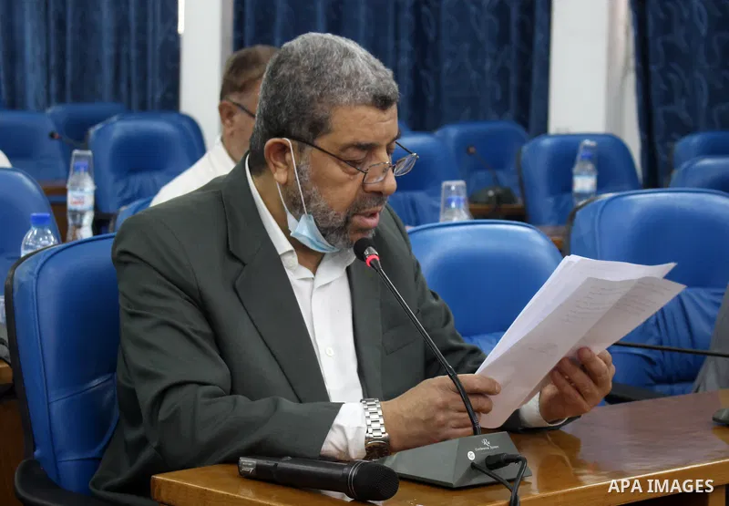 Palestinian Members of Legislative Council, attend a meeting at the legislative council, in Gaza city on June 9, 2021. Palestinians mark "Naksa Day" to mourn the 54th anniversary of Israel's occupation of the West Bank a...
