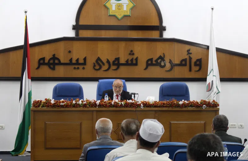 Deputy of the Legislative Council, Ahmed Bahar speaks during a meeting at the legislative council, in Gaza city on June 9, 2021. Palestinians mark "Naksa Day" to mourn the 54th anniversary of Israel's occupation of the W...