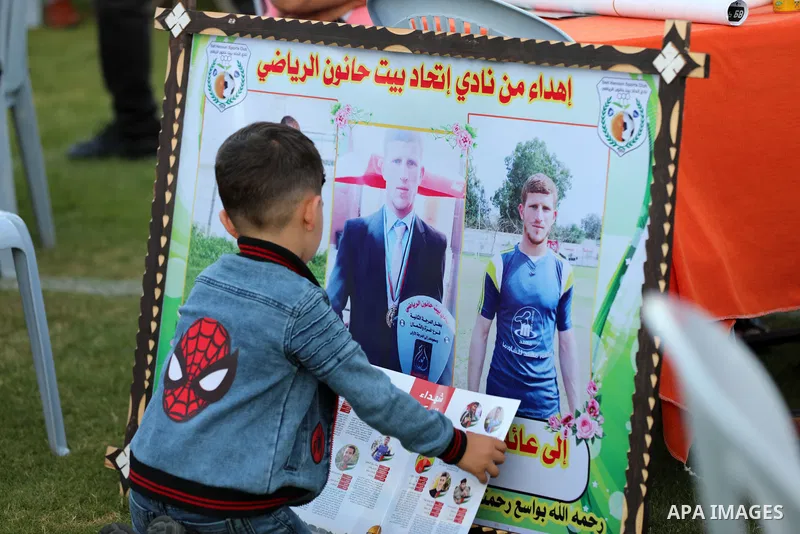 Palestinians attend a honor ceremony for athletes who killed by Israeli airstrikes during the latest Israeli military escalation last month, in Gaza city on June 8, 2021. Israeli air strikes and artillery fire on Gaza ki...