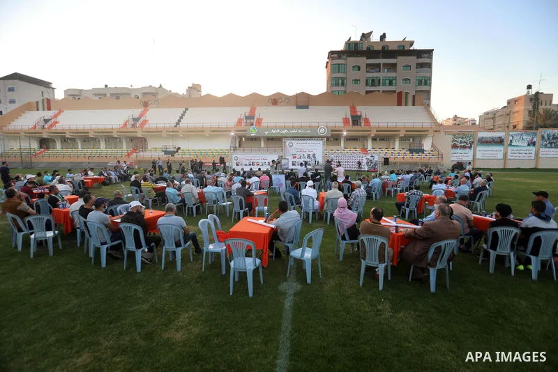 Palestinians attend a honor ceremony for athletes who killed by Israeli airstrikes during the latest Israeli military escalation last month, in Gaza city on June 8, 2021. Israeli air strikes and artillery fire on Gaza ki...