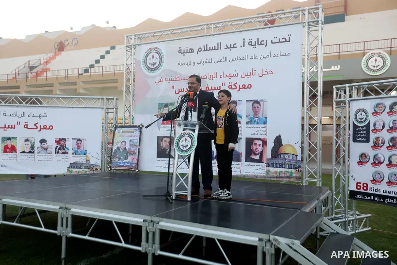 Palestinians attend a honor ceremony for athletes who killed by Israeli airstrikes during the latest Israeli military escalation last month, in Gaza city on June 8, 2021. Israeli air strikes and artillery fire on Gaza ki...