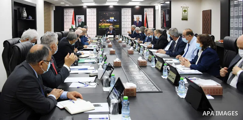 Palestinian Prime Minister Mohammad Ishtayeh, chairs the weekly meeting of his government, in the West Bank city of Ramallah on June 8, 2021. Photo by Prime Minister Office
