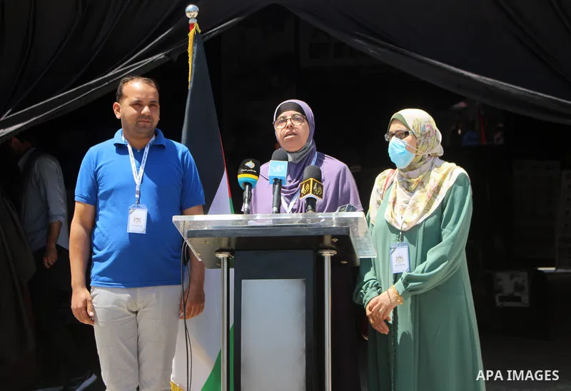 Palestinian of Ministry of Women take part in a press conference against Israel's violations against journalists, in Gaza city, on June 7, 2021. At least 14 Palestinian journalists have been arrested and placed in admini...