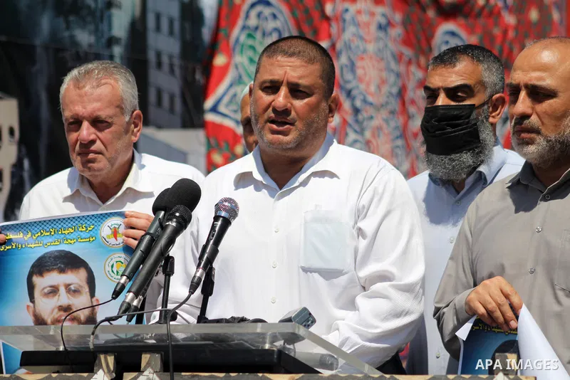 Palestinians take part in a solidarity with leader of Islamic Jihad Khader Adnan, in Gaza city, on June 7, 2021. Political prisoner held by Israel, Khader Adnan, 43, has declared a hunger strike the day he was abducted b...