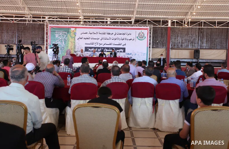 Yahya Sinwar, leader of the Palestinian Hamas movement's political speaks during a meeting with the university professors, in Gaza City, on june 05, 2021. Hamas vowed today not to touch "a single cent" of international a...