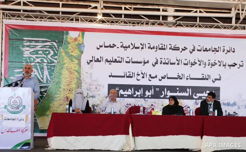 Yahya Sinwar, leader of the Palestinian Hamas movement's political speaks during a meeting with the university professors, in Gaza City, on june 05, 2021. Hamas vowed today not to touch "a single cent" of international a...