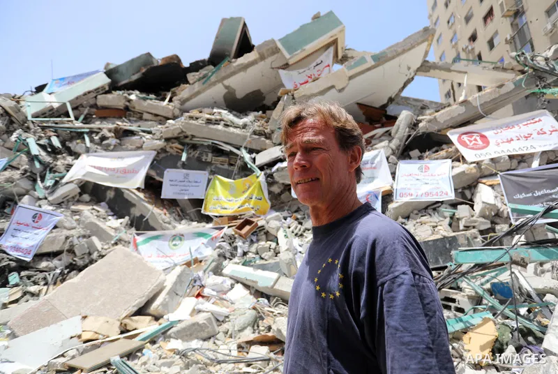 Sven Kuhn von Burgsdorff, head of the European Union’s mission to the West Bank and Gaza Strip, attends a press confernce, in front of Jala' Tower which destroyed which destroyed on May 15 during Israeli air-strike, in G...