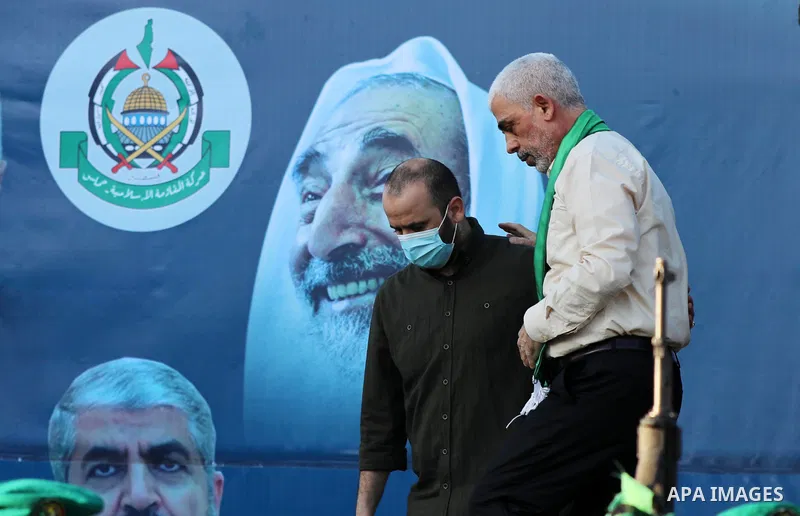 Yahya Sinwar, leader of the Palestinian Hamas movement, greets supporters during a rally in Gaza City on May 24, 2021. A ceasefire was reached late last week after 11 days of deadly violence between Israel and the Hamas...