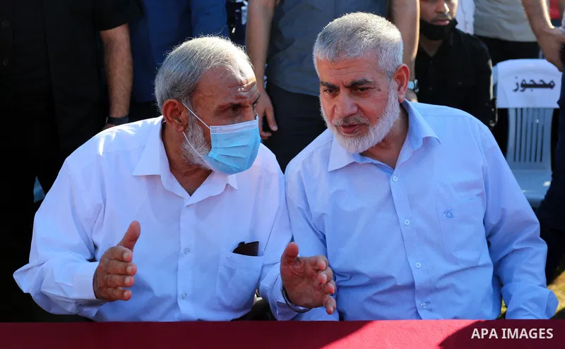 Senior Hamas leaders, Rouhi Mushtaha and Mahmoud Al-Zahar attend a rally in Gaza City on May 24, 2021. A ceasefire was reached late last week after 11 days of deadly violence between Israel and the Hamas movement which r...