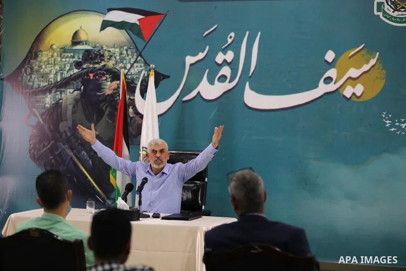 Yahya Sinwar, leader of the Palestinian Hamas movement's political speaks to media in Gaza City, on May 26, 2021. Hamas vowed today not to touch "a single cent" of international aid to rebuild Gaza following its war with...