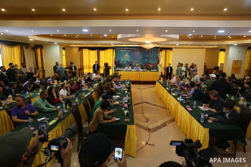 Yahya Sinwar, leader of the Palestinian Hamas movement, attends a press conference in Gaza City on May 26, 2021. A ceasefire was reached late last week after 11 days of deadly violence between Israel and the Hamas moveme...
