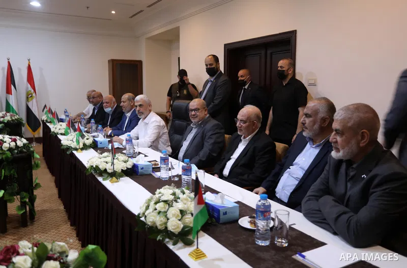 Yahya Sinwar Hamas' political chief in Gaza, meets with General Abbas Kamel Egypt's intelligence chief in Gaza City on May 31, 2021. Photo by Ashraf Amra