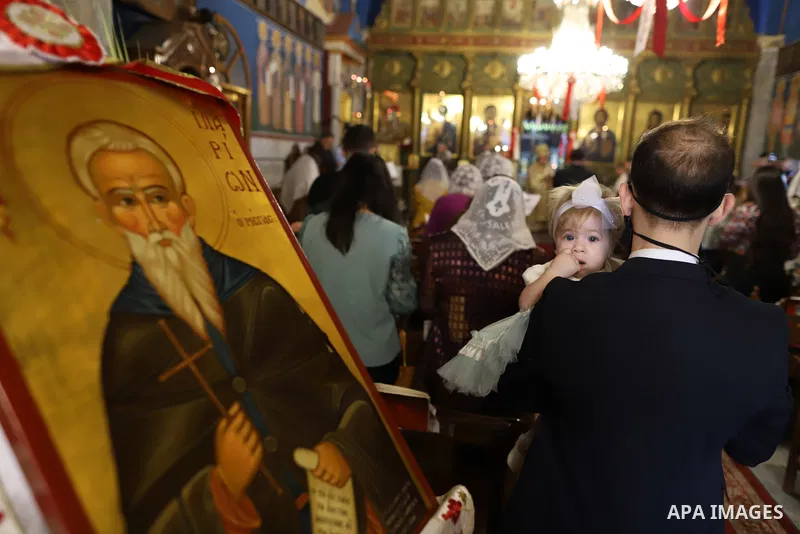 Palestinian Christians attend Orthodox Easter serivece at the church of Saint Porphyrius, in Gaza city, on May 02, 2021. Easter, or Resurrection Sunday, is a Christian festival and cultural holiday commemorating the resu...