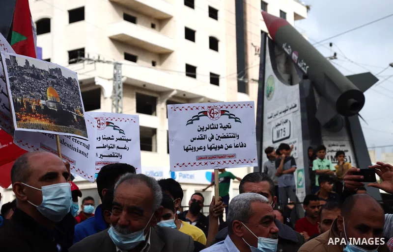 Palestinian supporters of the Popular Front for the Liberation of Palestine, take part in a protest in support of the Al-Aqsa Mosque in Gaza city, on April 24, 2021. The Jerusalem uprising, as it has been dubbed (in Arab...