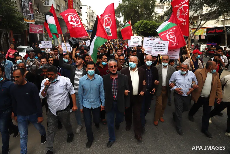 Palestinian supporters of the Popular Front for the Liberation of Palestine, take part in a protest in support of the Al-Aqsa Mosque in Gaza city, on April 24, 2021. The Jerusalem uprising, as it has been dubbed (in Arab...