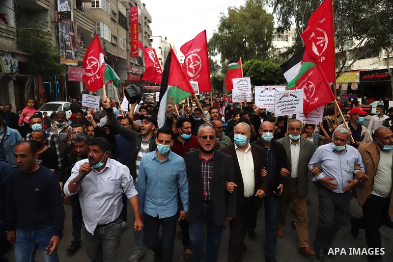 Palestinian supporters of the Popular Front for the Liberation of Palestine, take part in a protest in support of the Al-Aqsa Mosque in Gaza city, on April 24, 2021. The Jerusalem uprising, as it has been dubbed (in Arab...