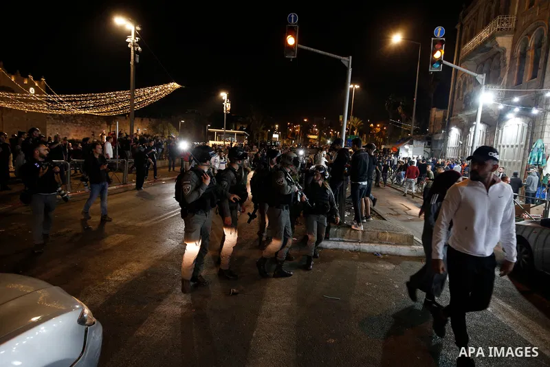 Israeli police during clashes between Israeli police and Palestinian protesters, next to Damascus gate of Jerusalem's old city, 24 April 2021. The protest became nightly since the start of the Muslim holy month of Ramada...