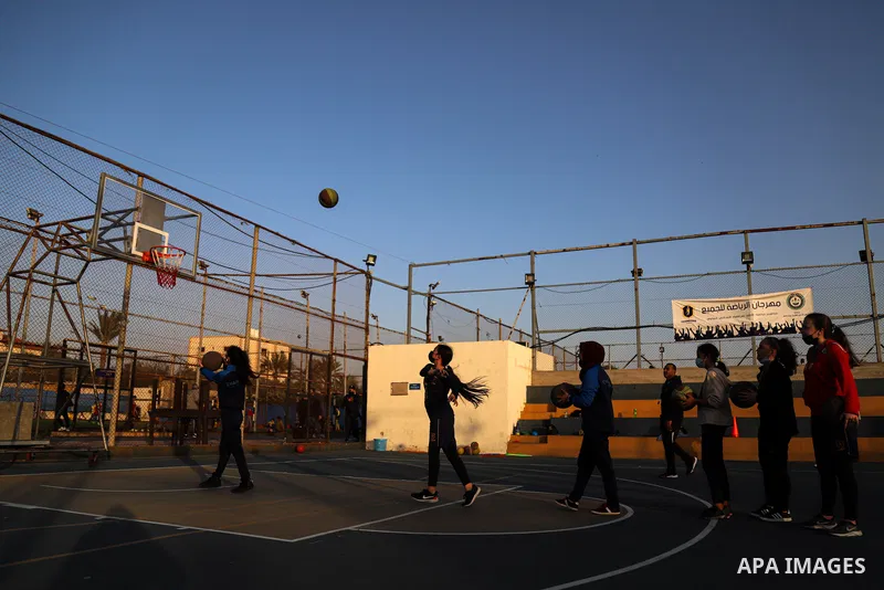 Palestinian girls play Basketball Sport, at Champions Club, on The International Day of Sport for Development and Peace, in Gaza city, on April 6, 2021. The International Day of Sport for Development and Peace on 6 April...
