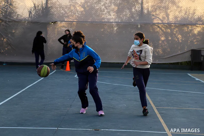 Palestinian girls play Basketball Sport, at Champions Club, on The International Day of Sport for Development and Peace, in Gaza city, on April 6, 2021. The International Day of Sport for Development and Peace on 6 April...