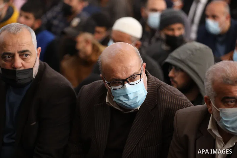 Palestinian mourners pray during the funeral of Youssef Farhat, in Nuseirat in the center of Gaza Strip, on March 28, 2021. Sheikh Yusef Farhat was born in 1962 in the Nuseirat camp in the center of the Gaza Strip to a w...