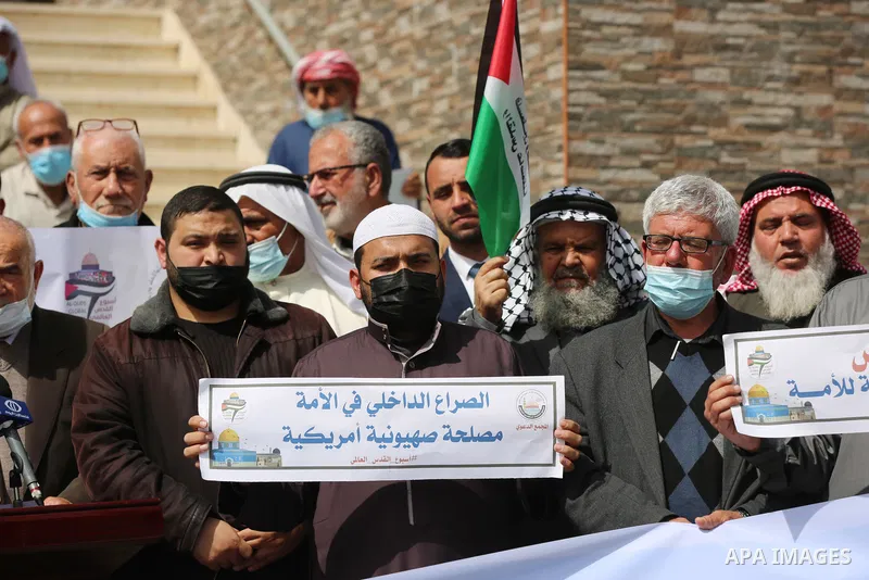 Members of the Palestine Scholars Association, take part in a protest in support for Al-Aqsa Mosque and Al-Quds, on the International Jerusalem Week, in Gaza city of March 10, 2021. Al-Aqsa Mosque compound, which include...