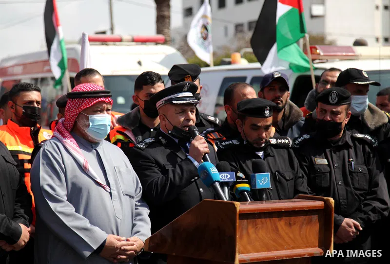 Palestinian Civil Defense members take part in a vehicle parade, to mark the International Civil Defense Day, in Gaza city, on March 1, 2021. World Civil Defence Day is celebrated on 1st March every year, its an attempt...