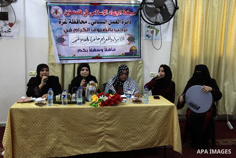 Members of the Palestinian "Love prophet brings us together" women's band perform during prophetic praise session, in a mosque in Gaza City on February 28, 2021. The "Love prophet brings us together" Band is the first fe...