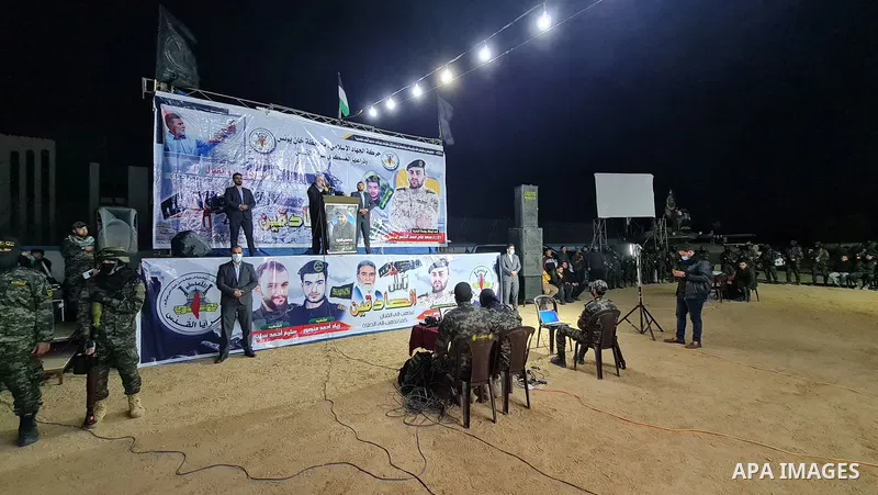 Palestinian leader in the Islamic Jihad movement, Nafez Azzam, speaks during a memorial service Mohammed Al Naem, who shot dead by Israeli forces, in Khan Yunis in the southern Gaza Strip on February 26, 2021. Al-Naem wa...