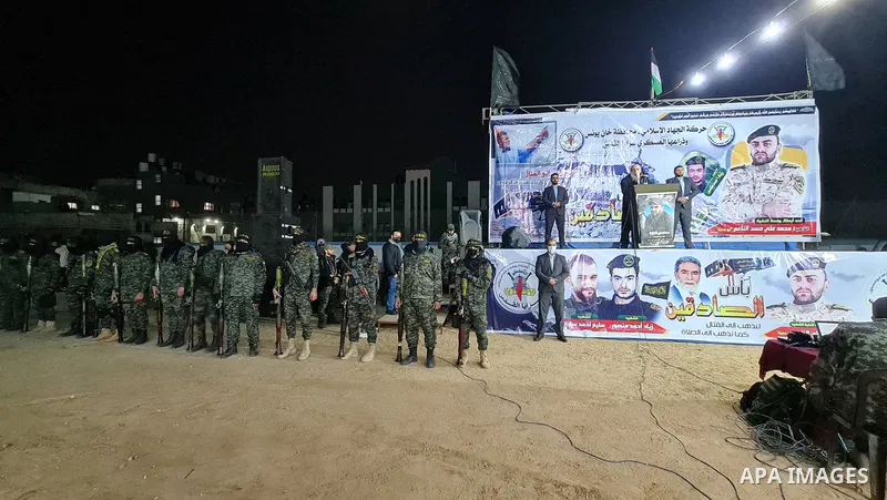 Palestinian leader in the Islamic Jihad movement, Nafez Azzam, speaks during a memorial service Mohammed Al Naem, who shot dead by Israeli forces, in Khan Yunis in the southern Gaza Strip on February 26, 2021. Al-Naem wa...