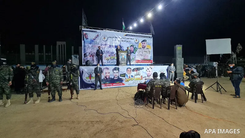 Palestinian leader in the Islamic Jihad movement, Nafez Azzam, speaks during a memorial service Mohammed Al Naem, who shot dead by Israeli forces, in Khan Yunis in the southern Gaza Strip on February 26, 2021. Al-Naem wa...