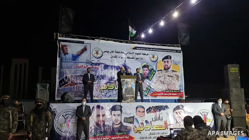 Palestinian leader in the Islamic Jihad movement, Nafez Azzam, speaks during a memorial service Mohammed Al Naem, who shot dead by Israeli forces, in Khan Yunis in the southern Gaza Strip on February 26, 2021. Al-Naem wa...