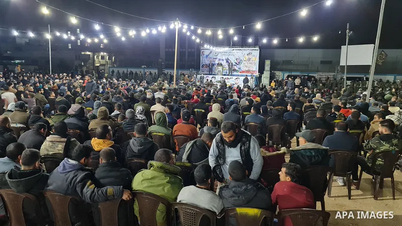 Palestinians attend a memorial service Mohammed Al Naem, who shot dead by Israeli forces, in Khan Yunis in the southern Gaza Strip on February 26, 2021. Al-Naem was killed shot dead by Israeli forces after he was suspect...
