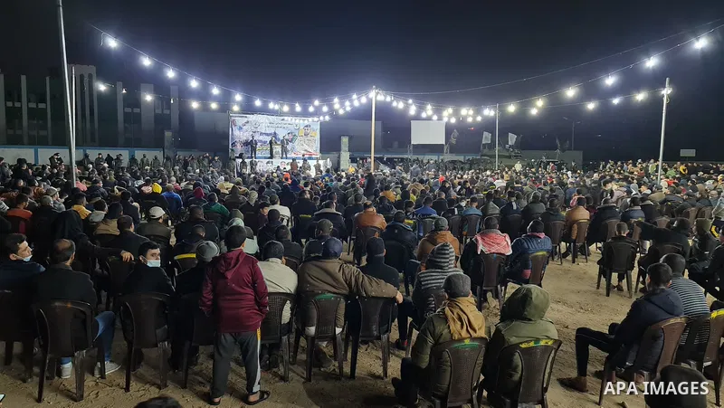 Palestinians attend a memorial service Mohammed Al Naem, who shot dead by Israeli forces, in Khan Yunis in the southern Gaza Strip on February 26, 2021. Al-Naem was killed shot dead by Israeli forces after he was suspect...