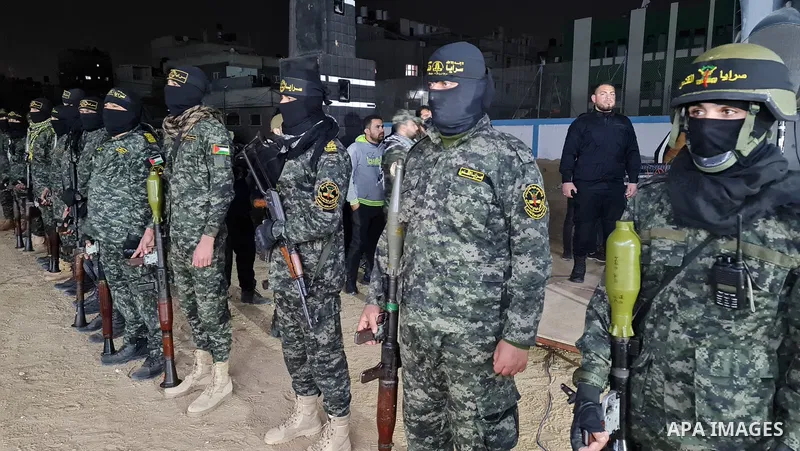 Palestinian Islamic Jihad militants attend a memorial service Mohammed Al Naem, who shot dead by Israeli forces, in Khan Yunis in the southern Gaza Strip on February 26, 2021. Al-Naem was killed shot dead by Israeli forc...